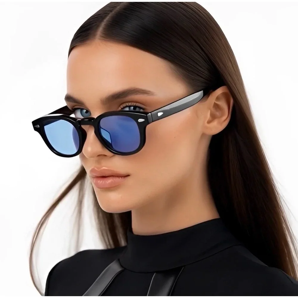 Sunglasses Black Frame Blue Lens Metal Rivets Light‎ Weight Comfortable Outdoor